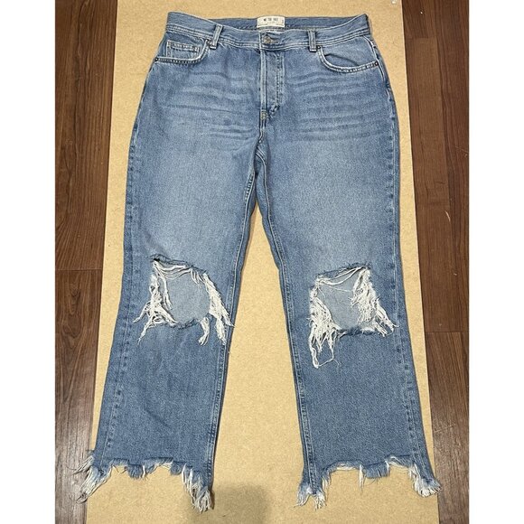 Free People Women Jeans 29 High Rise Wide Leg Blue Distressed Chewed Hem - Picture 6 of 15
